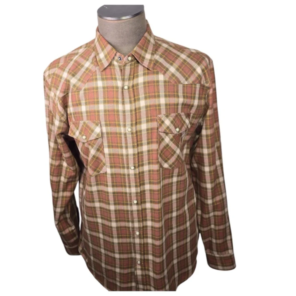 Dakota Grizzly Men's XL Western Plaid Flannel Shirt Pearl Snaps Orange Brown